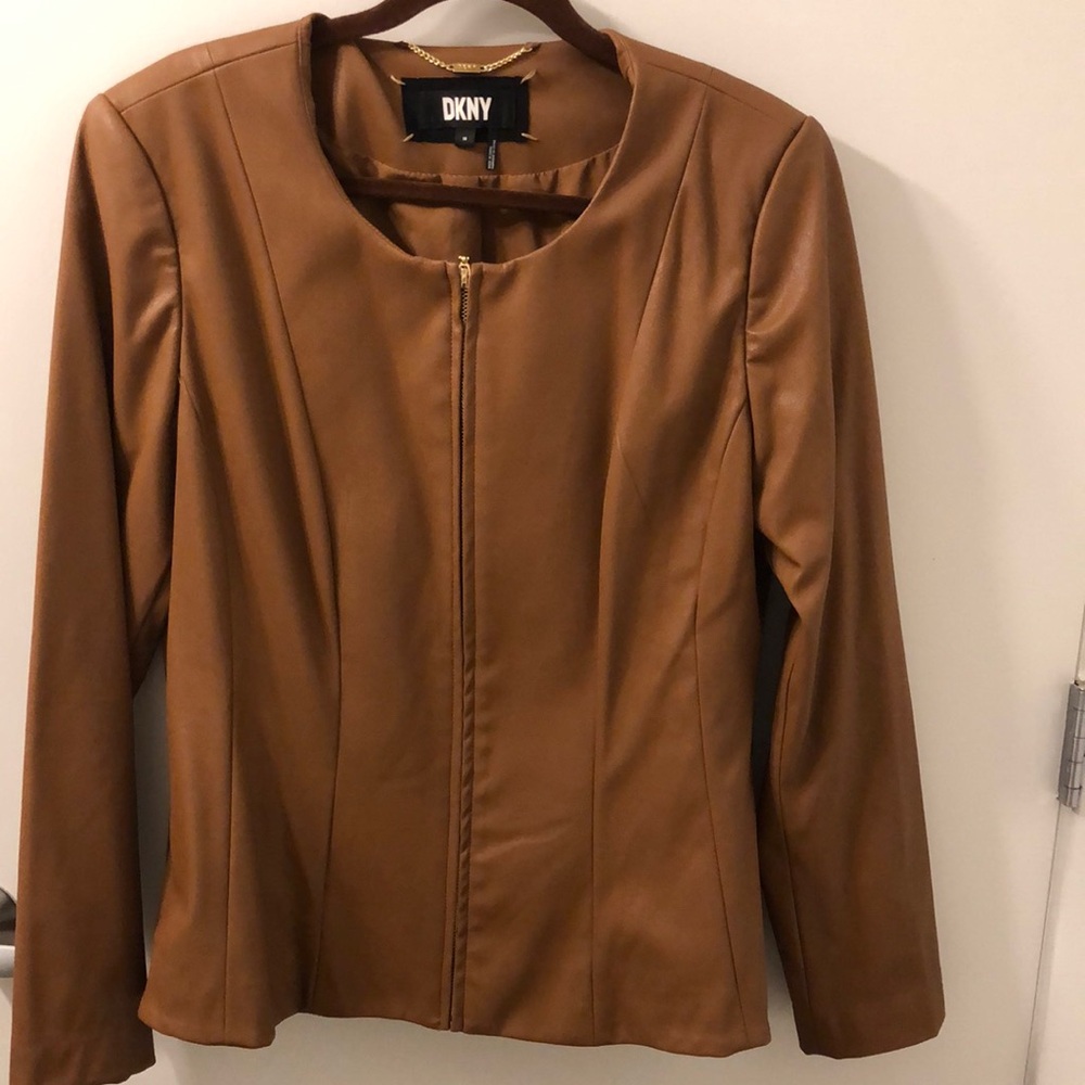 DKNY Women's Fitted Brown Jacket in Vegan Leather Gold Zipper Size 16